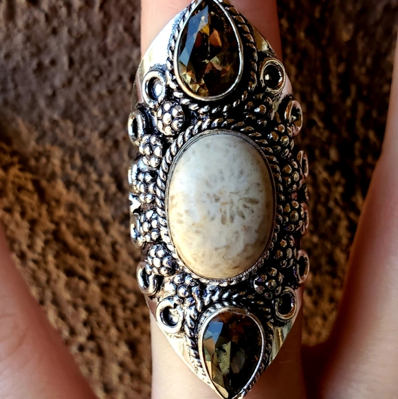 New Fossil Coral & Smoky Topaz 925 Silver Ring. - Picture 13 of 16